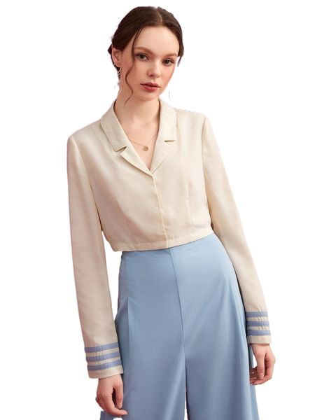 

x arth contrast tape lapel collar blouse g4xu#, White