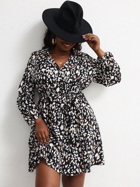 

plus allover print lantern sleeve belted dress u9fy#, Black