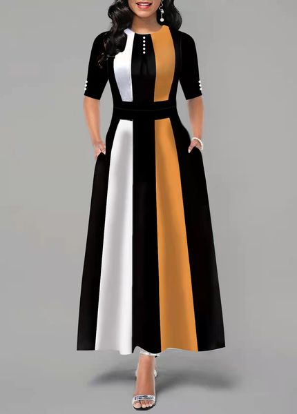 

dress oversize women's retro swing skirt half sleeve party british polyester long summer casual dress, Black;gray