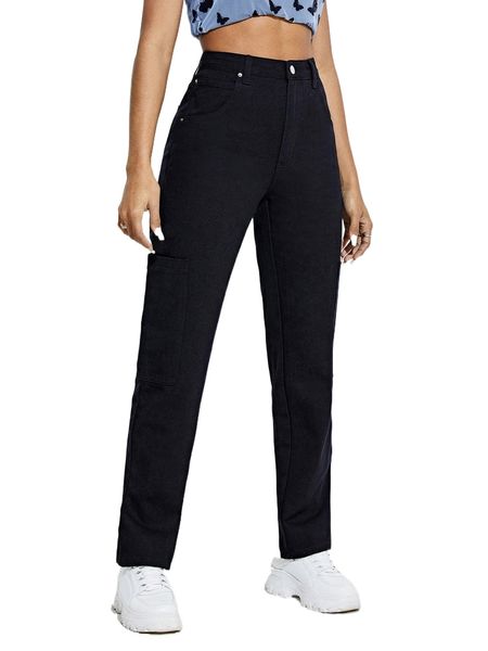 

high waist patched pocket side pants 29h5#, Black;white