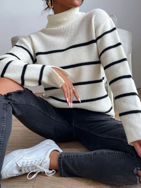 

striped pattern turtle neck drop shoulder sweater z4ag#, White;black