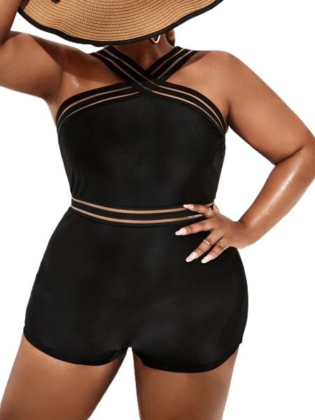 

plus contrast mesh cross one piece swimsuit 50xf#, White;black