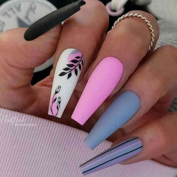 

false nails 24pcs long coffin wearable french ballerina matte stripe flower design fake full cover tips press on 0616