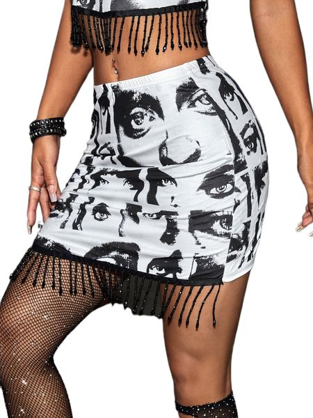 

figure graphic fringe trim bodycon skirt y9cg#, Black