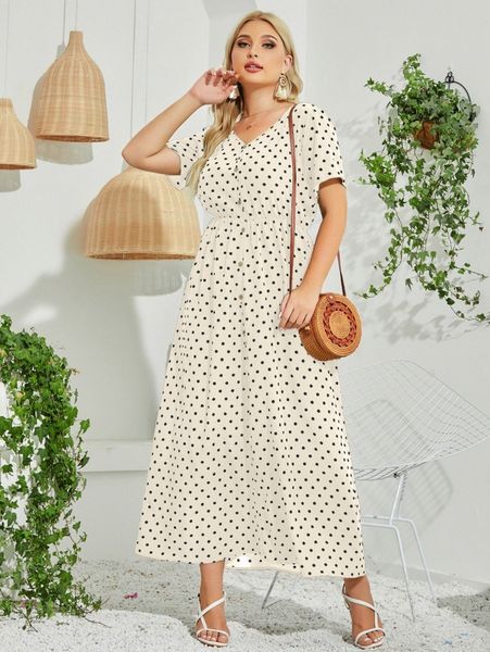 

plus polka dot v neck a-line dress p80l#, Black
