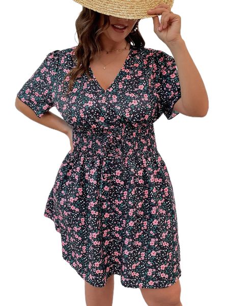 

plus all over floral print shirred tie front dress 72o7#, Black