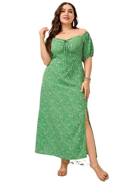 

plus allover print shirred split thigh dress h1yq#, Black