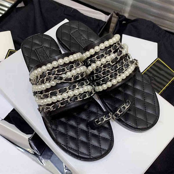 

slippers ins women's brand design slippers decorative shoes chains and pearls summer flats series, Black