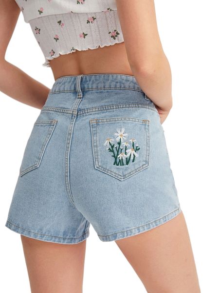 

floral embroidered light wash denim shorts 24h7#, White;black