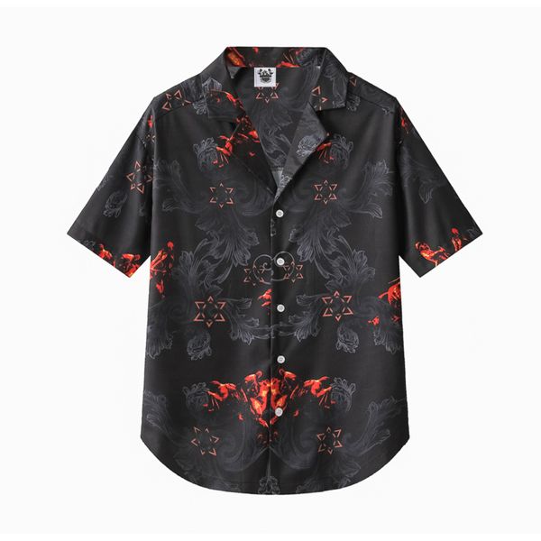 

european and american men's wear summer 2022 new short sleeve suit collar single breasted vintage print fashion shirt, White;black