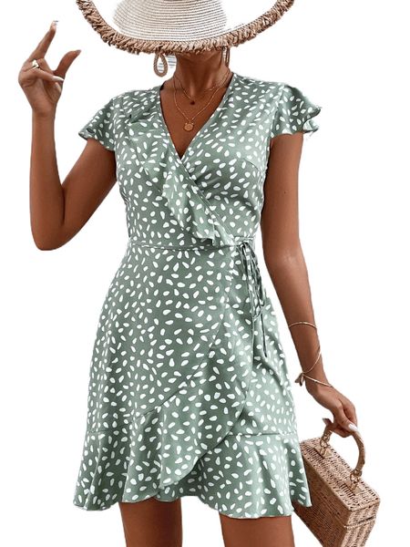 

allover print butterfly sleeve ruffle trim wrap knot side dress 98zr#, Black;gray