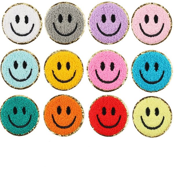 

sewing notions iron on smile patch towel embroidery patches for clothes diy round sticker sew on coat applique glitter edge, Black