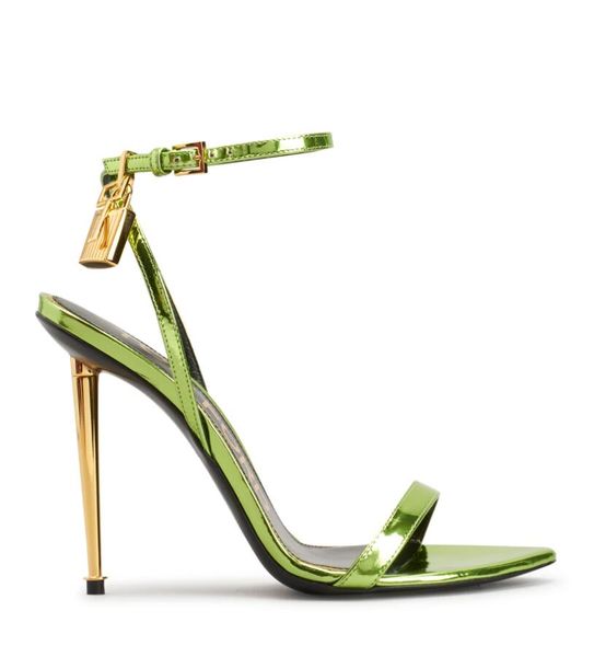 

luxury brands women sandal gold heel designer fords-heel padlock shiny nappa leather pointy naked sandal wedding party dress pump, Black