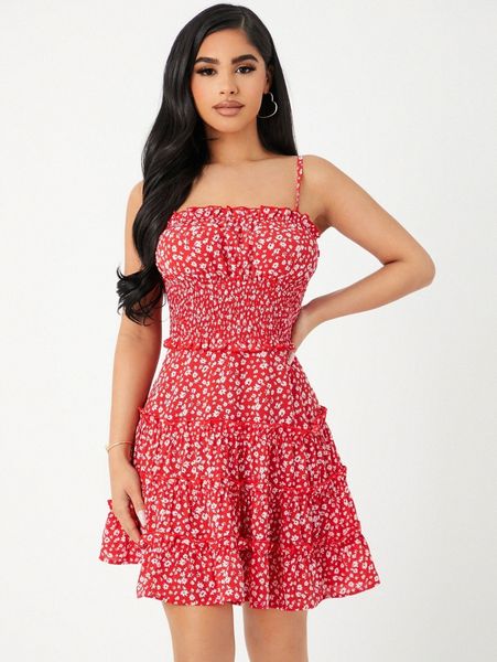 

ditsy floral layered hem cami dress b4ep#, Black;gray