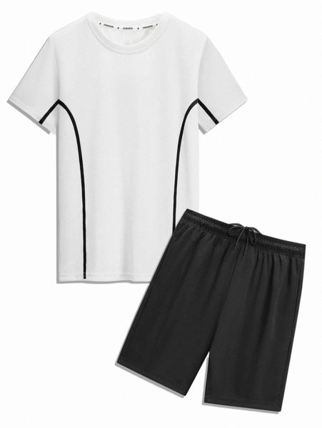 

men striped print tee & drawstring waist shorts h778#, Gray