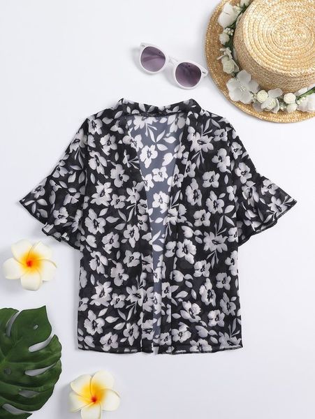 

toddler girls floral print kimono she, White;black
