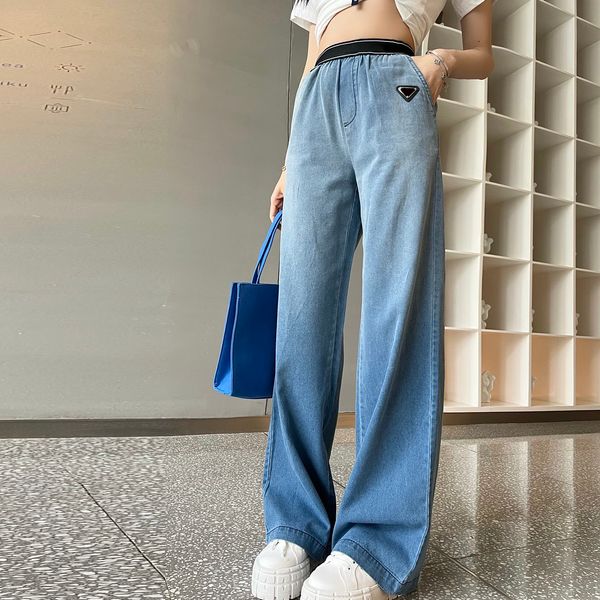 

casual gradient denim jean pants elastic webbing loose trousers metal triangle label jeans with tags, Blue