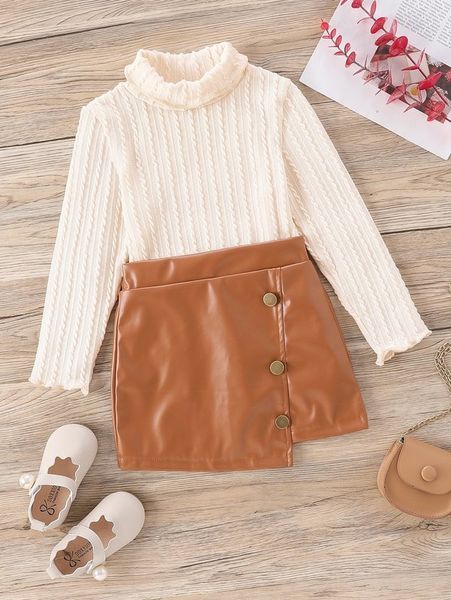 

toddler girls high neck lettuce trim tee & pu skirt she, White