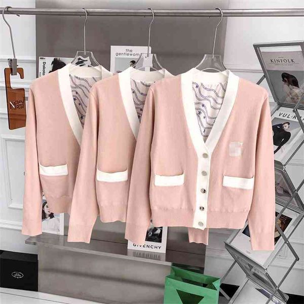 

women's sweaters s family spring and summer french small fragrance letter embroidery light powder contrast color v-neck knitted cardiga, White;black