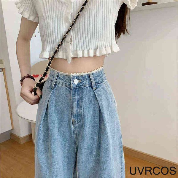 

jeans blue cotton casual traf pants female fashion lace side high waist straight jeans korean loose y2k women's 221225