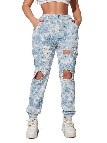 

sxy high waist tie dye ripped raw trim flap pocket cargo jeans q1kl#, Blue