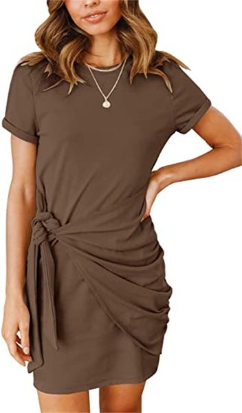 

& tees women's t-shirt dress with short sleeves and round neck, tight mini belted ruffles at the waist, White