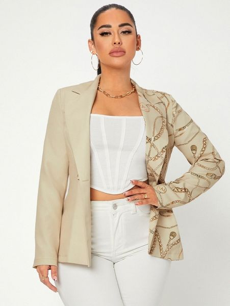 

sxy chain print double breasted blazer j85e#, White