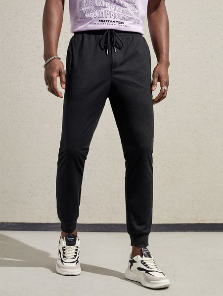

men drawstring waist sweatpants 42pe#, Black