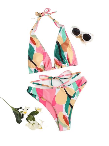 

allover print tie back halter bikini swimsuit d3no#, White;black