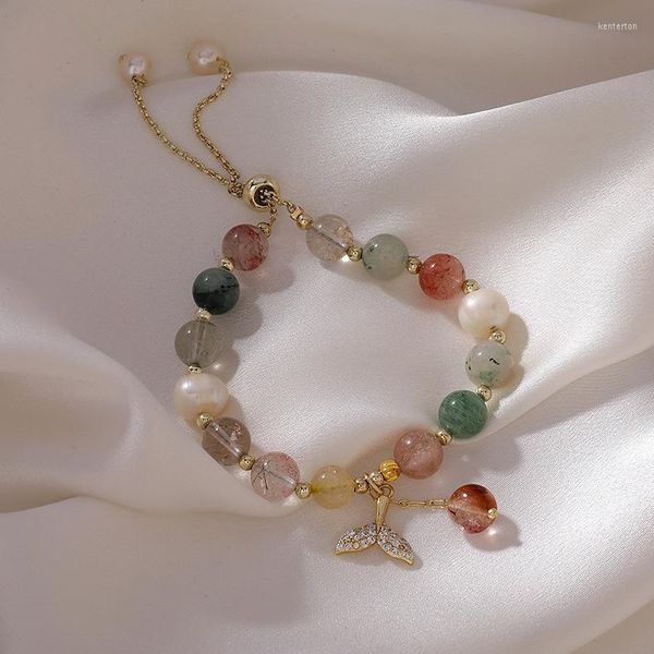 Link Chain Pearls Bola de cristal natural Pulseiras coloridas para mulheres jóias de jóias Tails de cauda de charme decorados Bulbões de pulseira Presentes Kent22