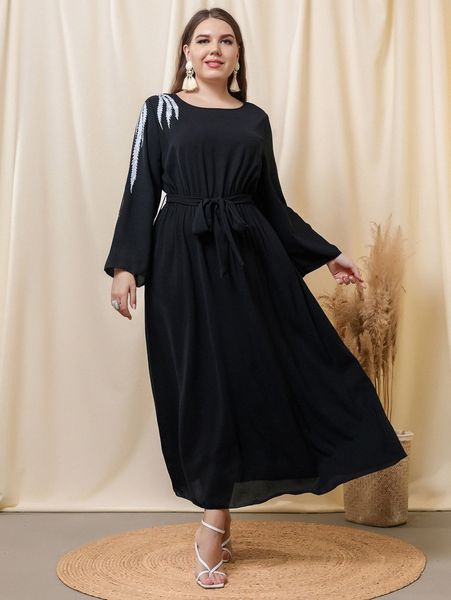 

plus plant embroidery belted dress a1tm#, Black