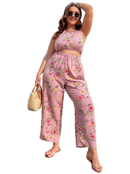 

plus floral print shirred back crop halter with pants 0336#, Black