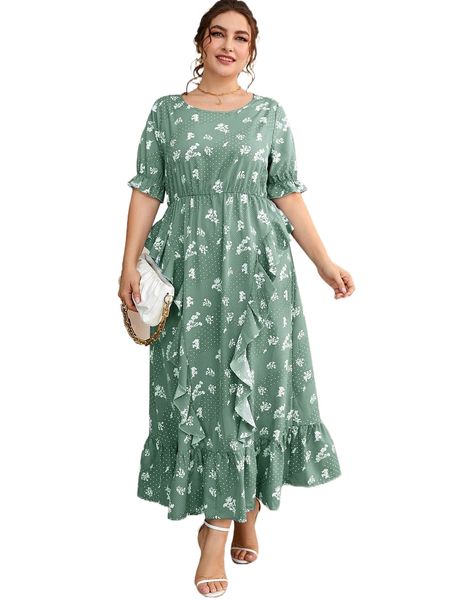 

plus polka dot & floral print flounce sleeve ruffle trim dress g1y7#, Black