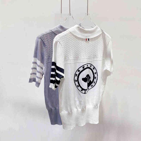 

women's sweaters french temperament tb four bars cute aging dog jacquard summer polo short sleeve qouk, White;black