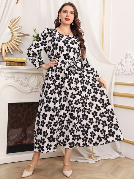 

plus floral print belted dress r9ro#, Black