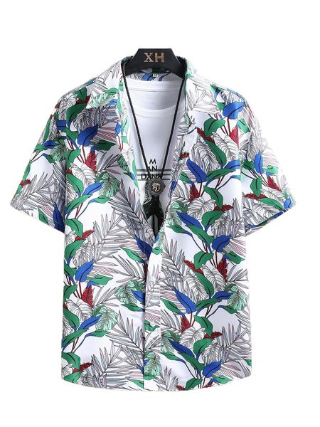 

men random tropical print button front shirt without tee p8b5#, White;black