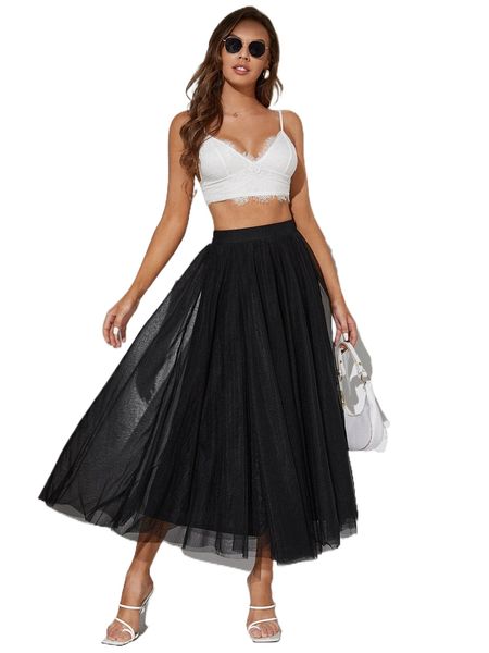 

tall high waist mesh overlay skirt 86ru#, Black