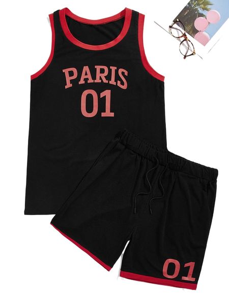 

men letter graphic contrast binding tank & drawstring waist shorts r51w#, Gray