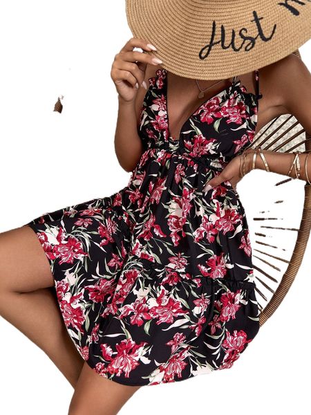 

floral print ruffle hem tie backless halter dress r64v#, Black;gray