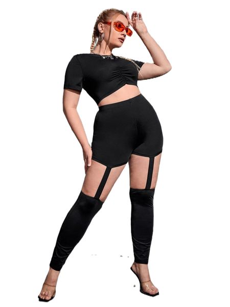 

plus ruched crop tee & cut out skinny pants q19k#, Black
