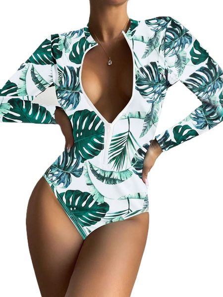 

tropical print zip front one piece swimsuit e52u#, White;black