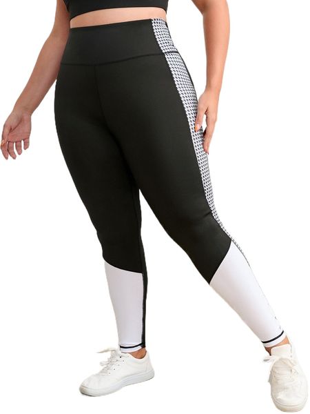 

plus geo print colorblock sports leggings a7dr#, Black