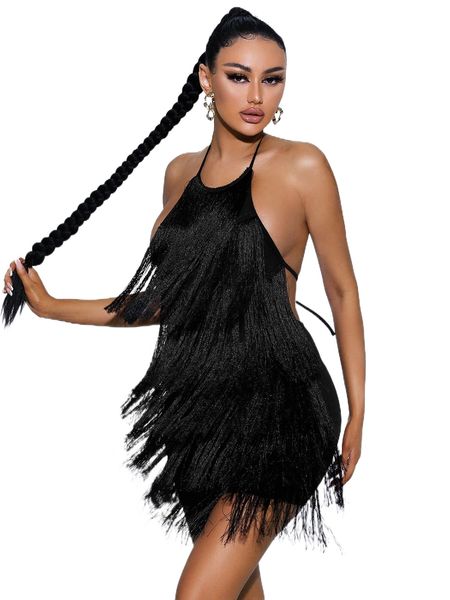 

sxy layered fringe trim tie backless halter dress c6wx#, Black;gray