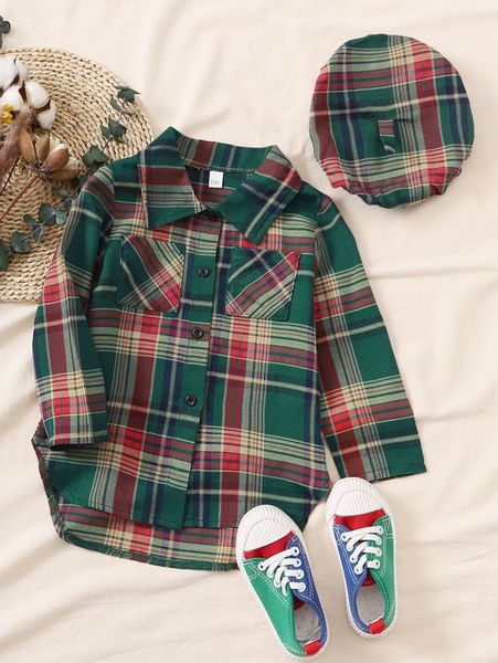 

toddler girls plaid patched pocket high low blouse & hat she, White;black