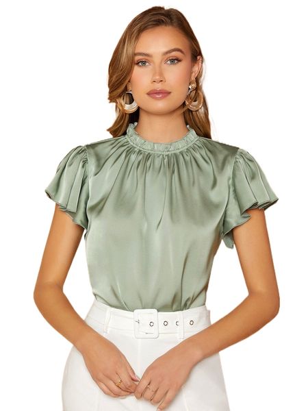 

frill trim keyhole back blouse a4by#, White