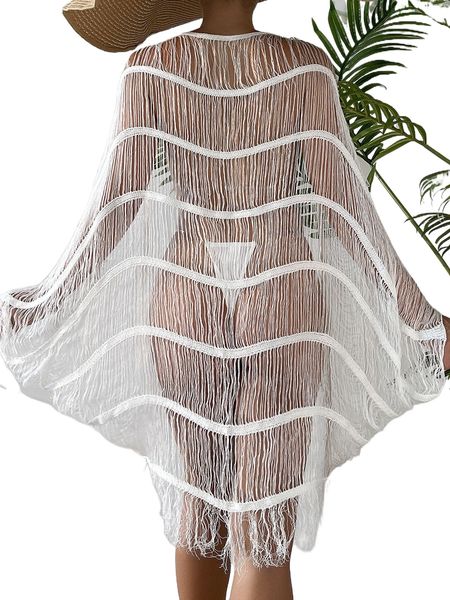 

open stitch fringe trim kimono 61ci#, White;black