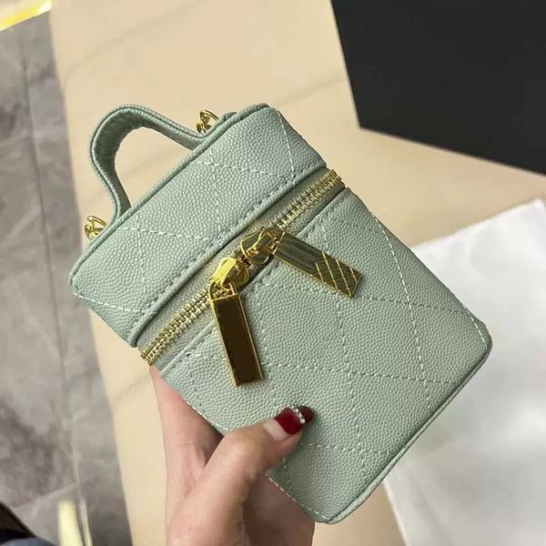 

womens zipper cosmetic box bag grained genuine leather solid color crossbody bags gold-tone metal chain classic handbag small vanity case sh
