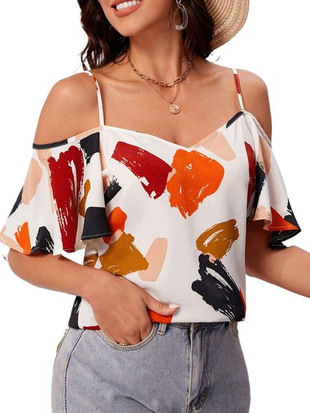 

brush print cold shoulder blouse h2eu#, White
