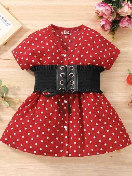 

baby polka dot textured dress & frilled grommet lace up corset she, Red;yellow