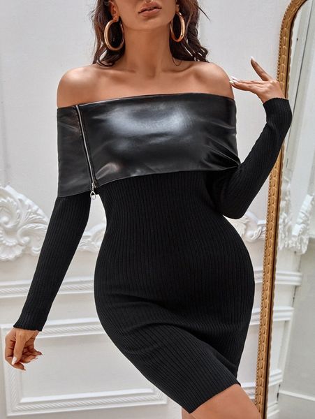 

sxy o-ring zipper contrast pu off shoulder sweater dress c163#, White;black